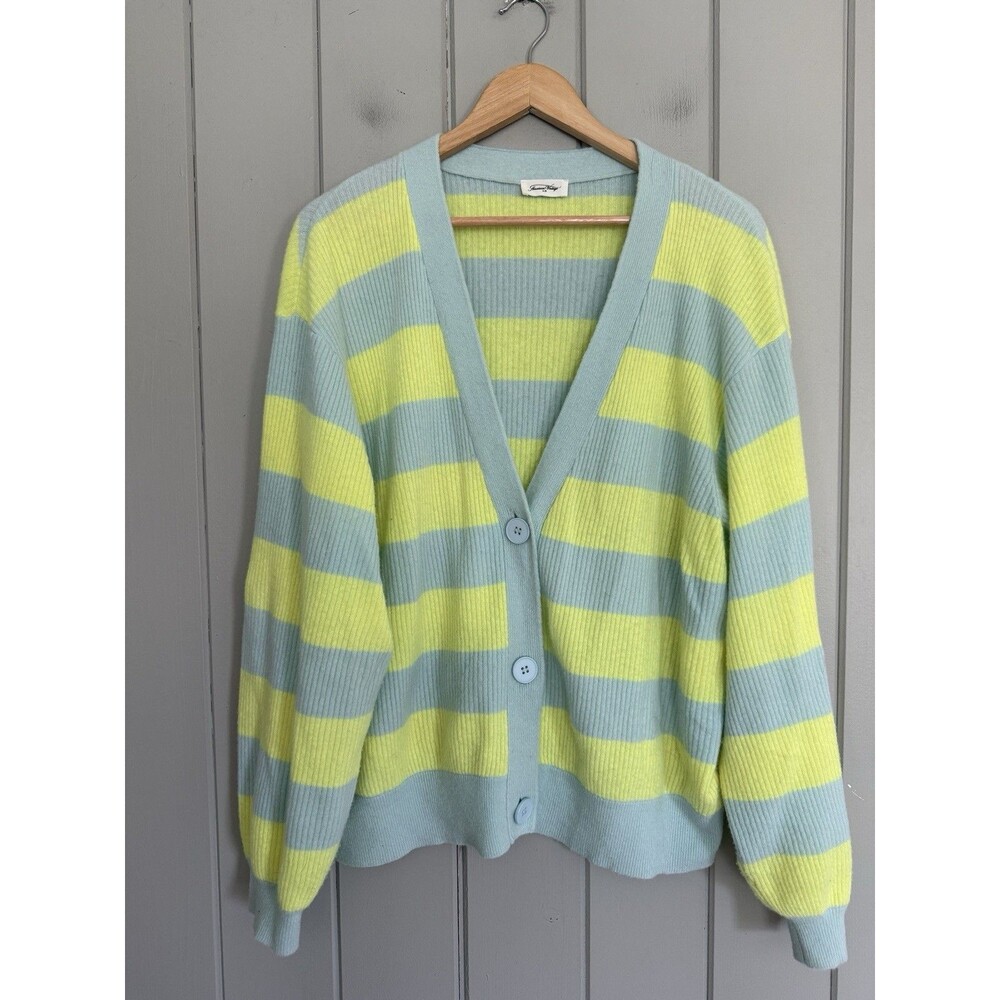 American Vintage Raxow Cardigan Sweater M/L V-Neck Neon Yellow Crystal Stripe